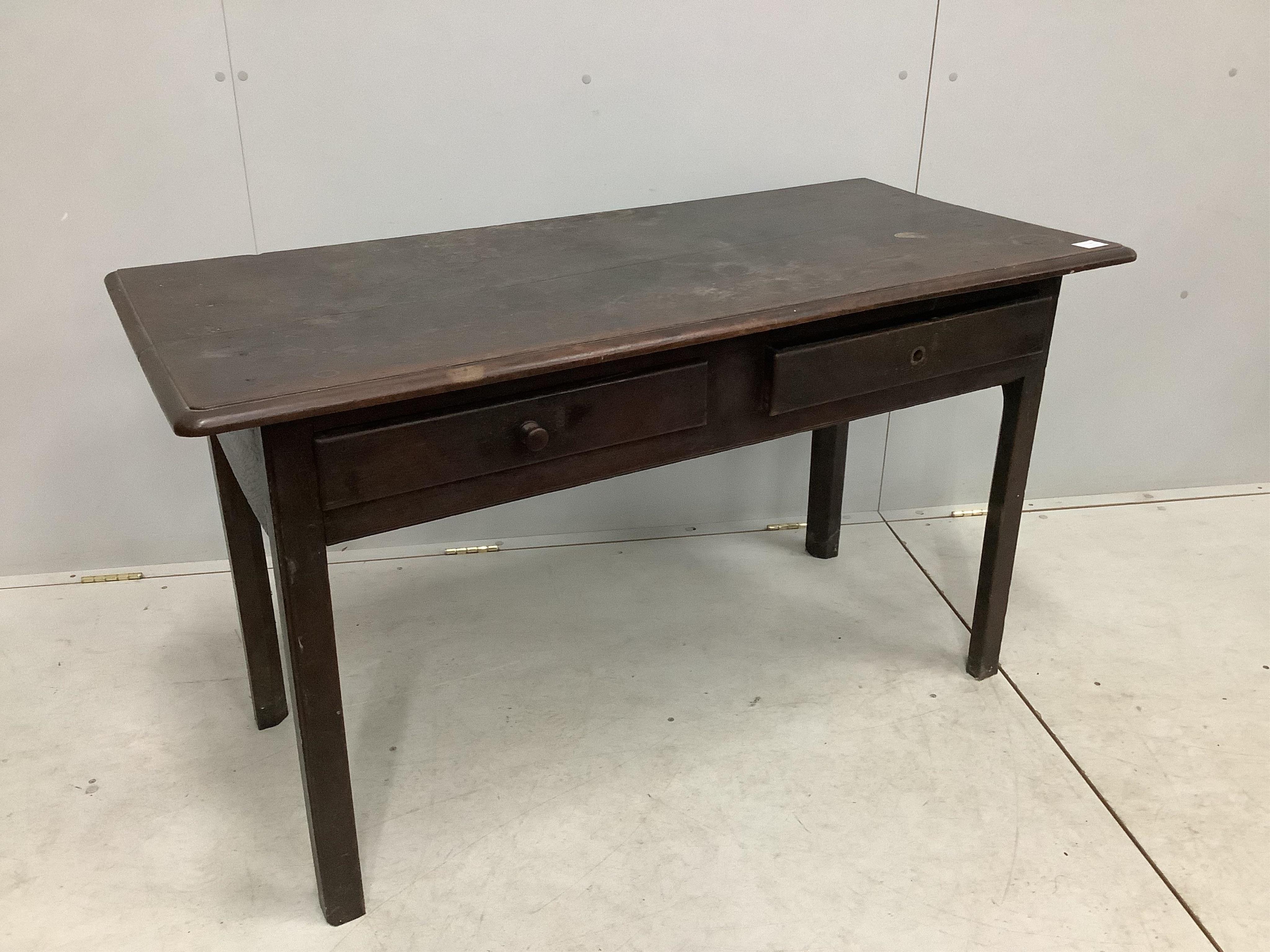 A 19th century oak side table, fitted with two drawers, width 130cm, depth 59cm, height 73cm. Condition - poor